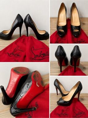 Christian Louboutin Black Patent Leather Peep-Toe Pumps with Red Soles